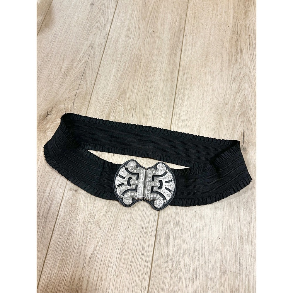 Chicos Black Elastic Stretch Belt Ornate Rhinestone Silver Tone Buckle Wide S/M